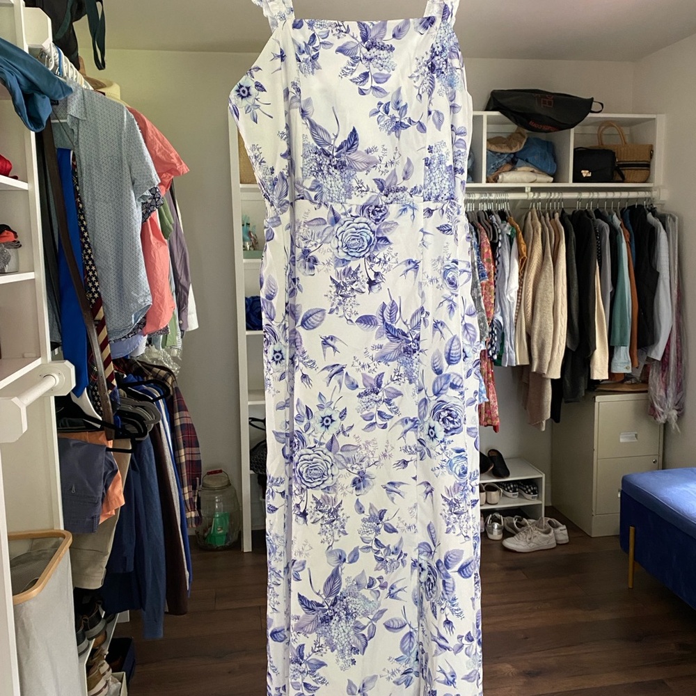 Floral White and Blue MIDI Dress